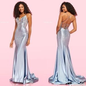 $600 Sherri Hill Blue Rhinestone Star Embellished Lace Up Back Gown 0 Formal